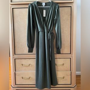Blue Rain/Francesca’s Olive Green Faux Wrap Long Puff Sleeve Dress Size Small